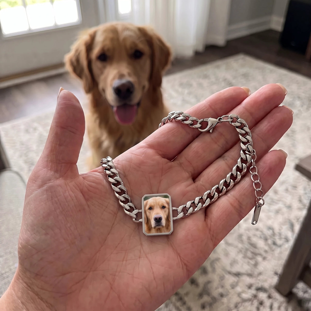 Customer photo: the silver cushion-cut bracelet with her golden retriever's photo, her dog in the background | SKU: TPH-CUSB-SILVER