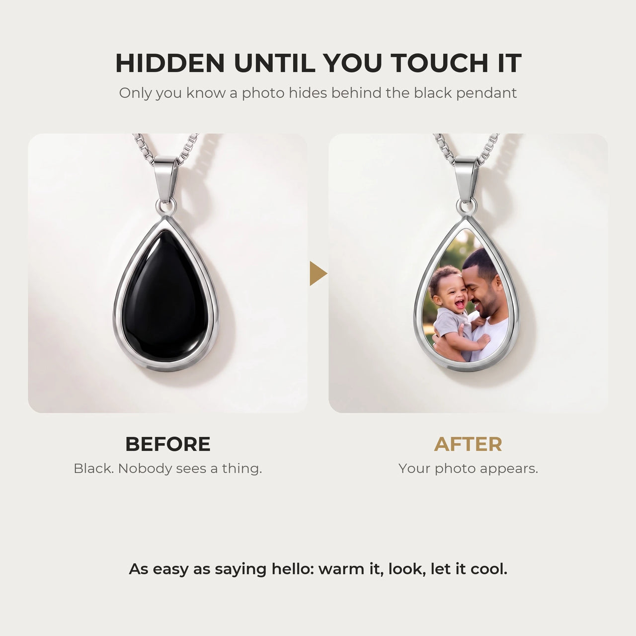 Before and after: the teardrop pendant of the silver necklace turns from black to the hidden photo with the warmth of a touch | SKU: TPH-DRPN-SILVER