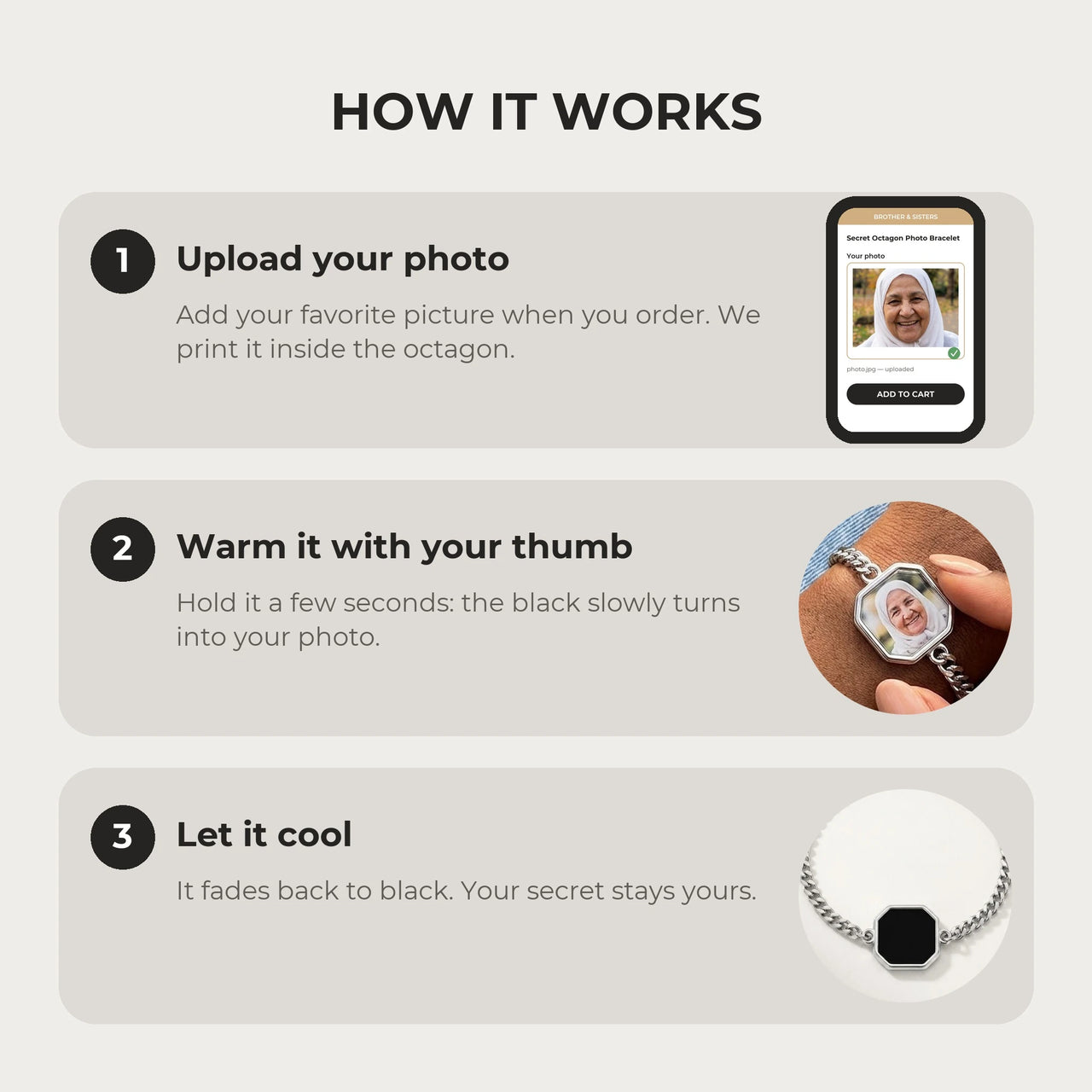 How it works: upload your photo, warm the octagon charm with your thumb, let it cool back to black | SKU: TPH-OCTB-SILVER-18