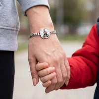 Thumbnail for Mother holding her son's hand, the silver octagon photo bracelet on her wrist | SKU: TPH-OCTB-SILVER-18