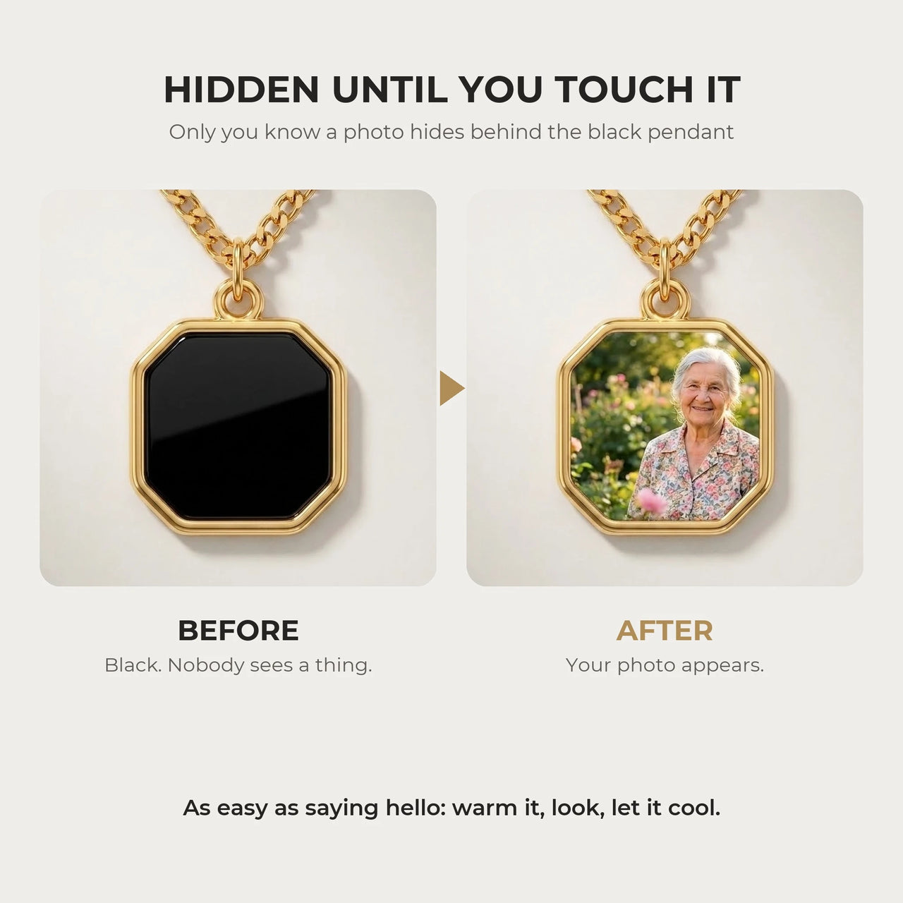 Before and after: black gold octagon pendant, then the photo revealed by warmth | SKU: TPH-OCTN-GOLD