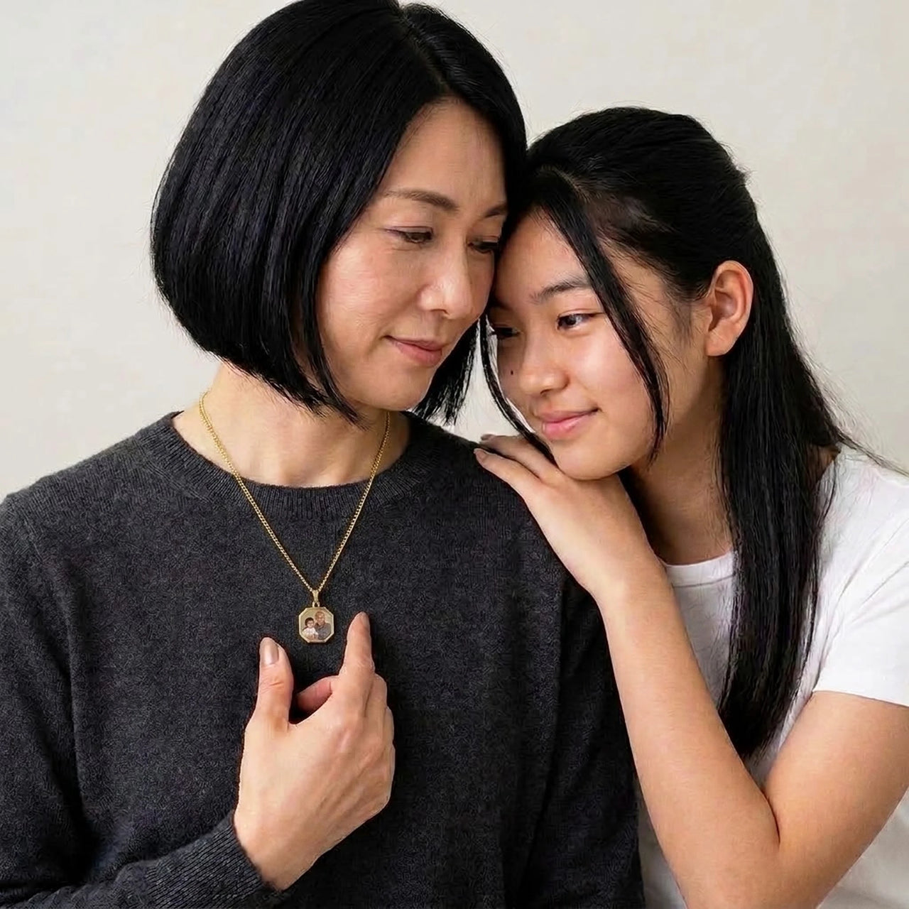 Mother and daughter with the grandfather's photo in the gold octagon necklace | SKU: TPH-OCTN-GOLD