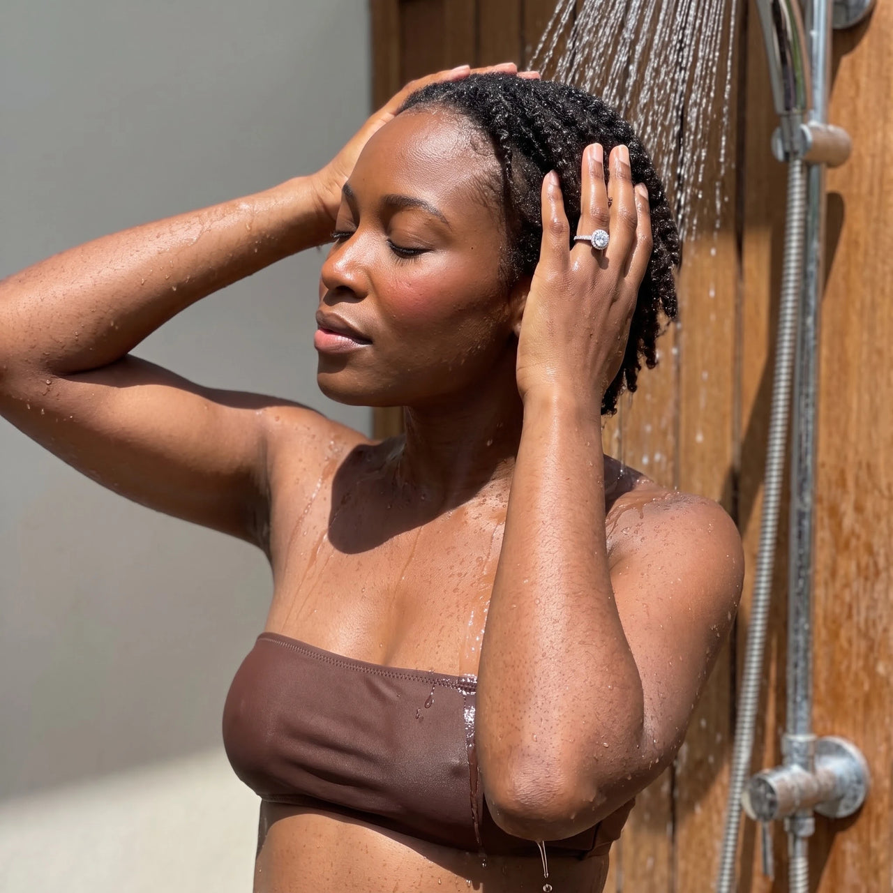 Silver Circle Ring worn in an outdoor shower | SKU: 101791-4.5-silver