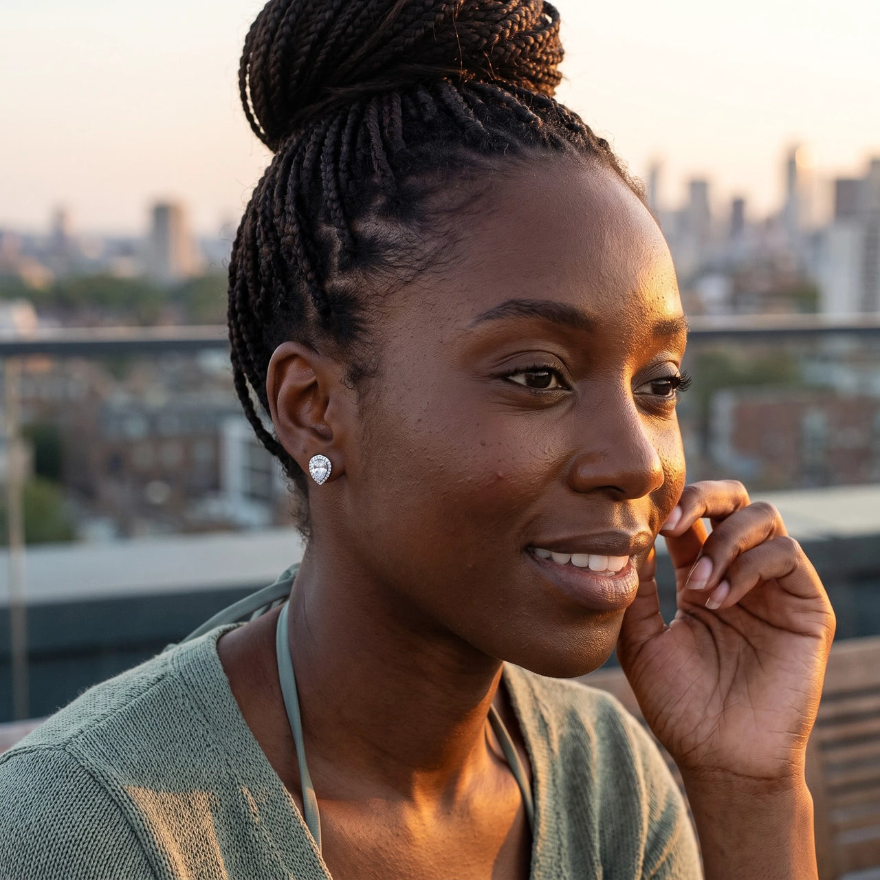 Woman relaxing on holiday wearing the silver stud earrings | SKU: 505174