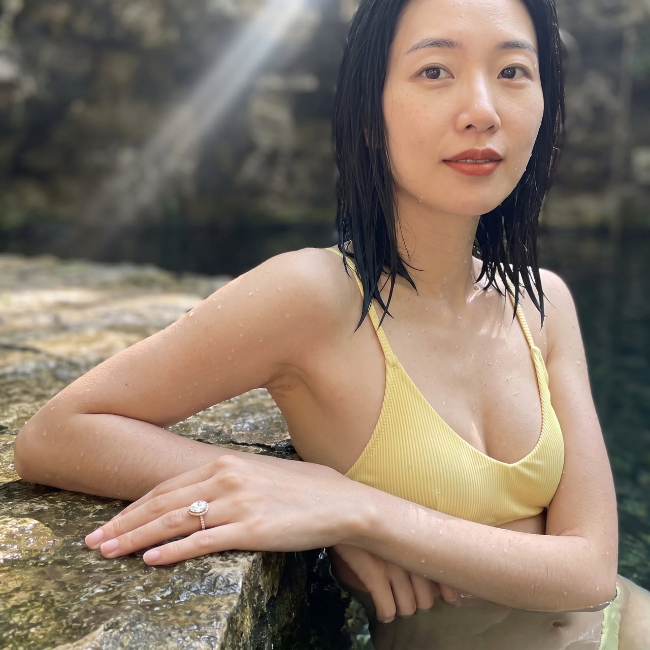 Rose Gold Drop Ring worn by the water | SKU: 505162-4.5-rose-gold