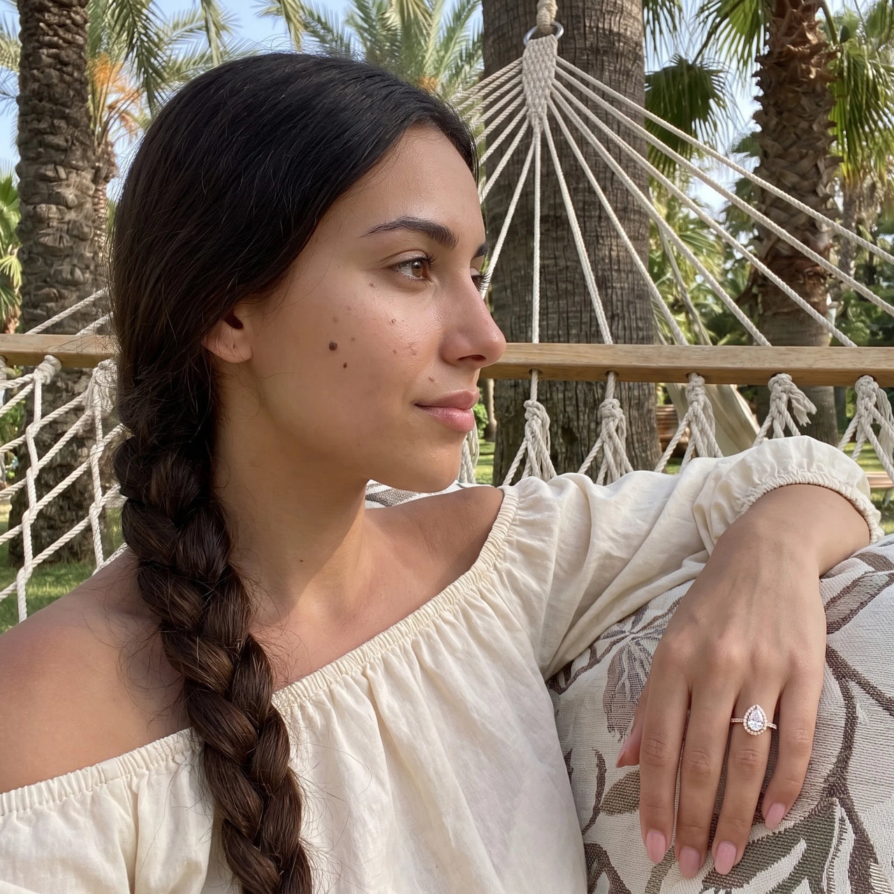 Rose Gold Drop Ring worn during a relaxed moment | SKU: 505162-4.5-rose-gold