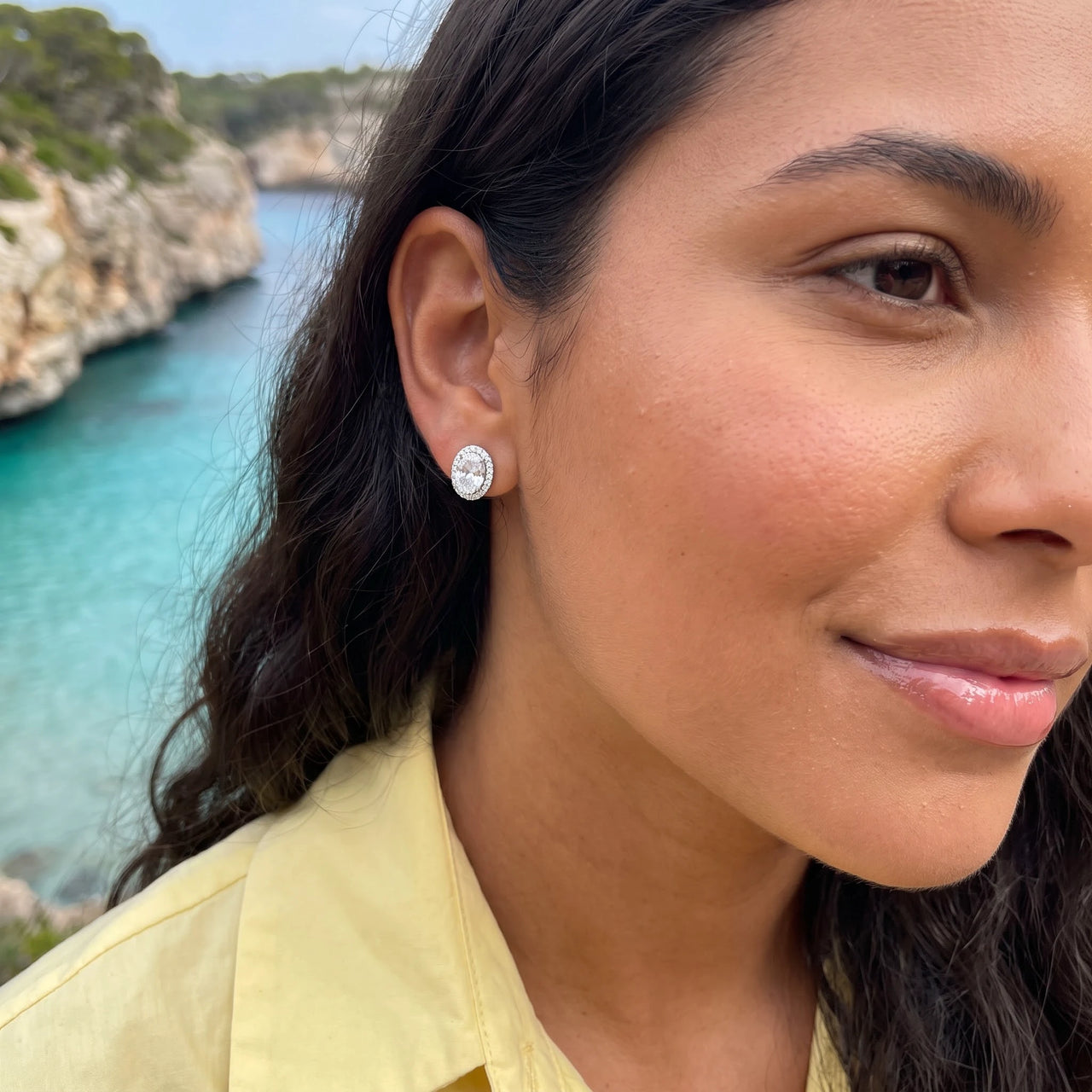 Silver stud earrings worn on a summer trip | SKU: 6306968-white