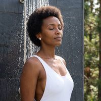 Thumbnail for Silver stud earrings worn under a tropical outdoor shower | SKU: 6306968-white