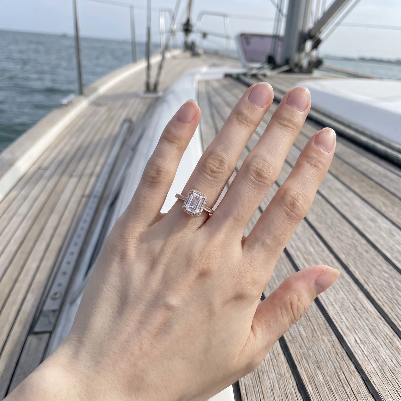 Rose Gold Rectangle Ring worn, showing its real size | SKU: 1969566-4-5-rose-gold