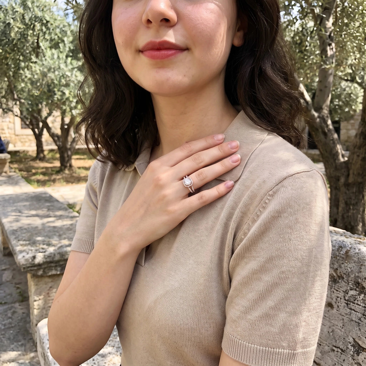 Woman gently touching her Rose Gold Square Ring | SKU: 346060-4.5-rose-gold