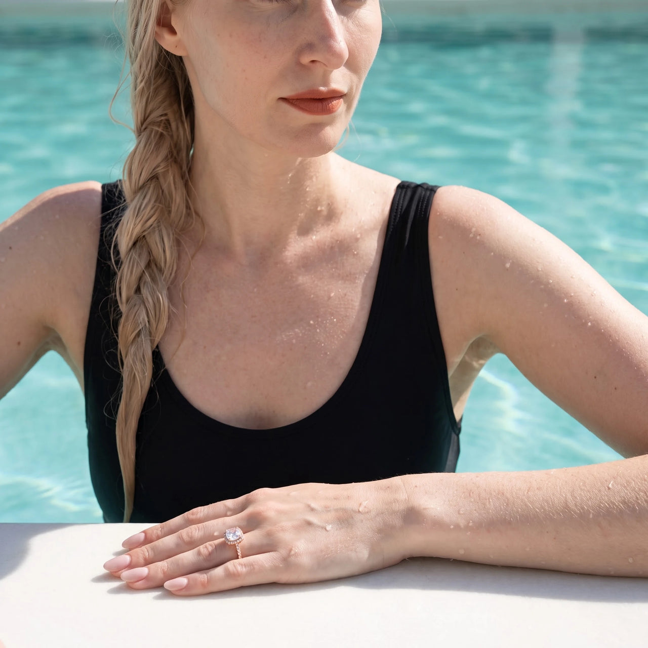 Rose Gold Timeless Ring worn by the water | SKU: 497131-4.5-rose-gold