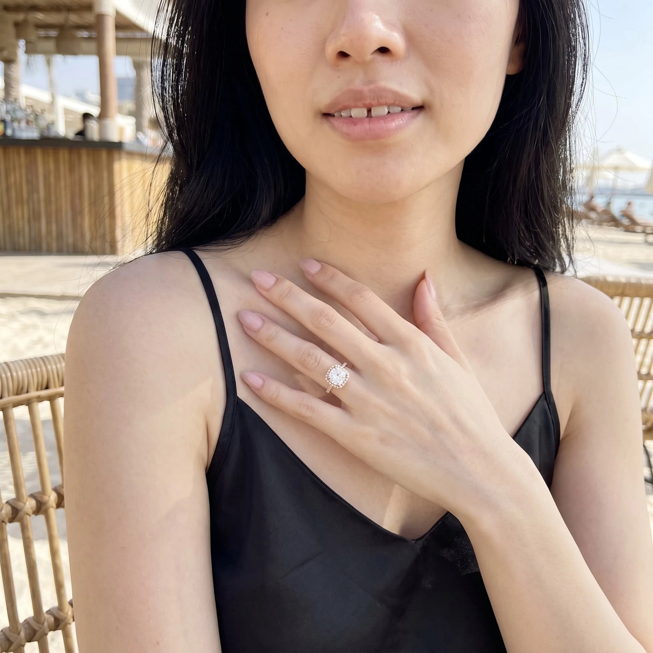 Woman gently touching her Rose Gold Timeless Ring | SKU: 497131-4.5-rose-gold
