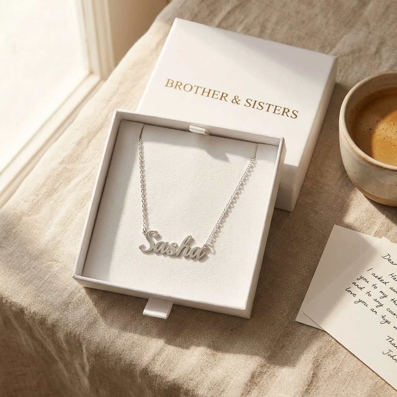 Minimalist Name Necklace in silver in its Brother & Sisters gift box with a handwritten card, the name Sasha | SKU: minimalistnn-silver