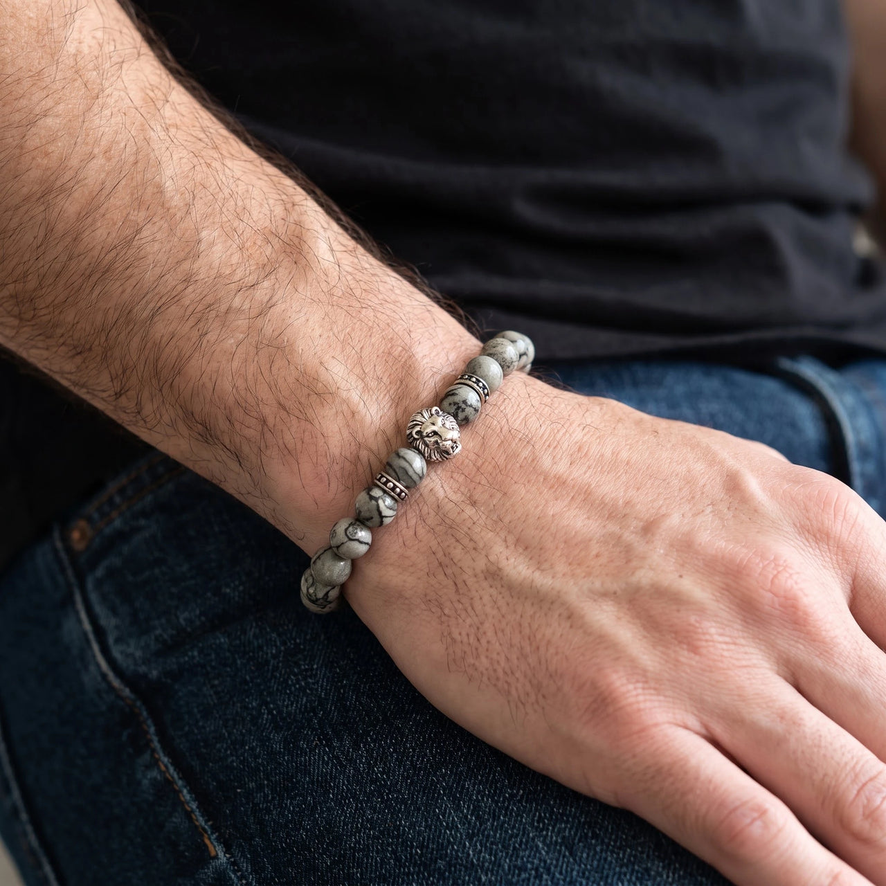 White Gold Lion & Grey Stones Bracelet – close-up worn on a man's wrist | Brother & Sisters | SKU: 20866222-silver-XS-14-15, 20866222-silver-S-16-17, 20866222-silver-M-18-19, 20866222-silver-L-20-21, 20866222-silver-XL-22-23