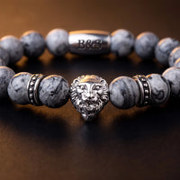 Thumbnail for White Gold Lion & Grey Stones Bracelet – macro detail of the lion head | Brother & Sisters | SKU: 20866222-silver-XS-14-15, 20866222-silver-S-16-17, 20866222-silver-M-18-19, 20866222-silver-L-20-21, 20866222-silver-XL-22-23