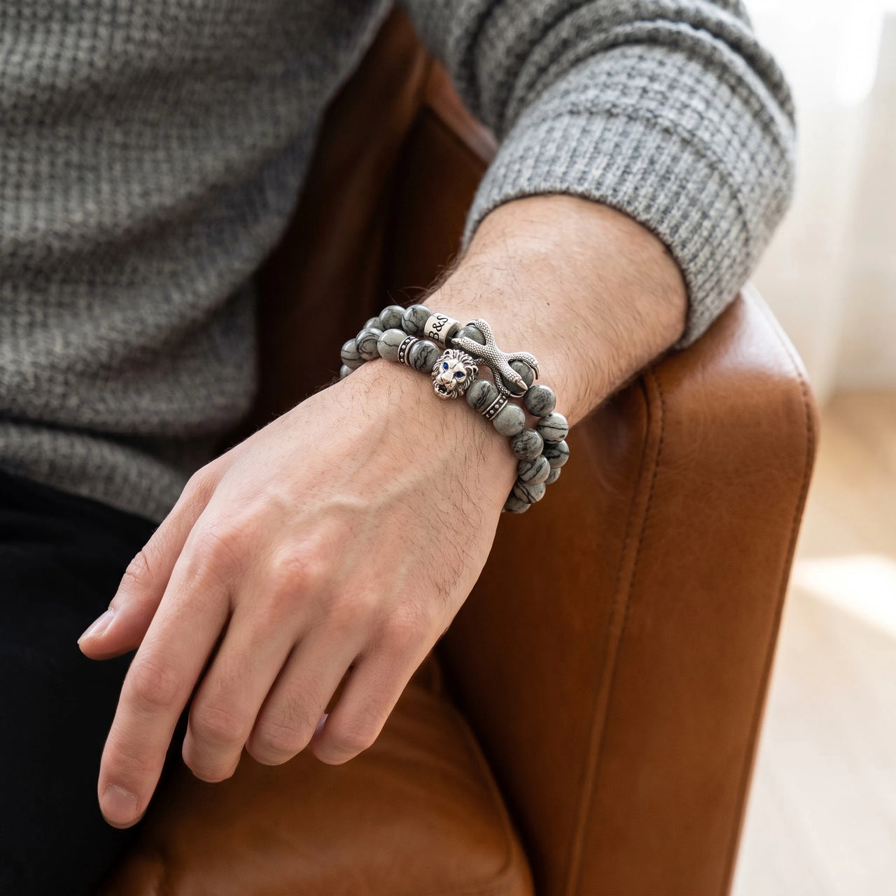 White Gold Lion & Grey Stones Set – close-up worn on a man's wrist | Brother & Sisters | SKU: 21039839SET-silver-XS-14-15, 21039839SET-silver-S-16-17, 21039839SET-silver-M-18-19, 21039839SET-silver-L-20-21, 21039839SET-silver-XL-22-23