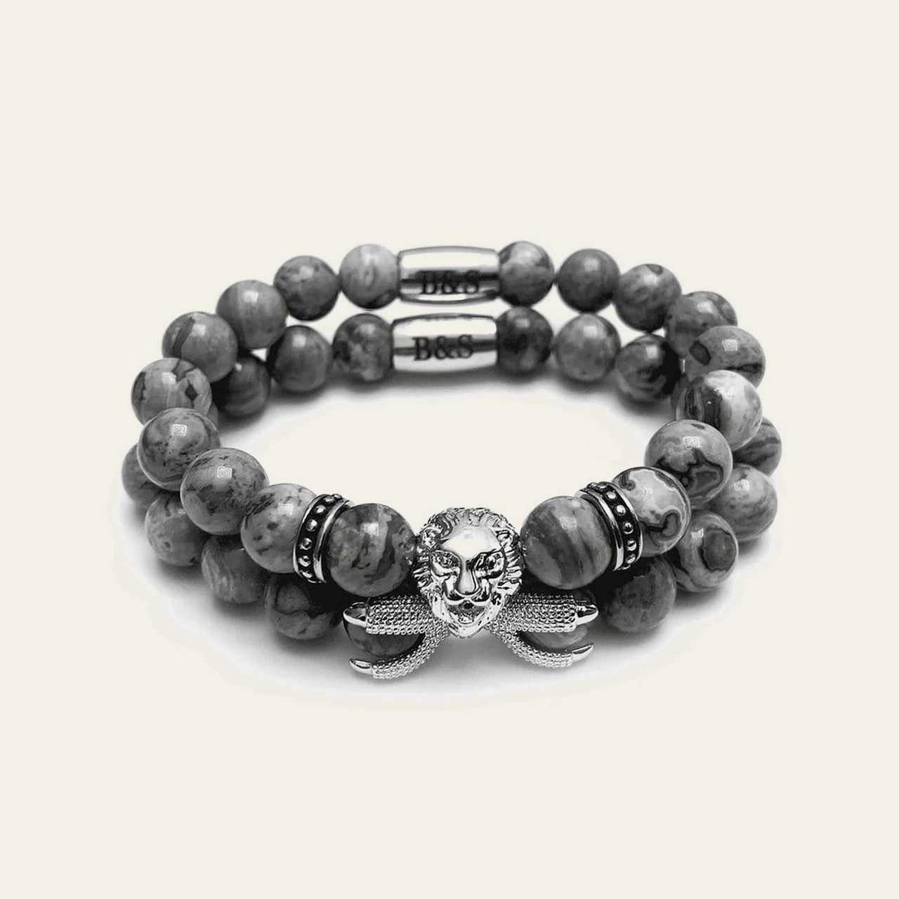 White Gold Lion & Grey Stones Set – studio packshot | Brother & Sisters | SKU: 21039839SET-silver-XS-14-15, 21039839SET-silver-S-16-17, 21039839SET-silver-M-18-19, 21039839SET-silver-L-20-21, 21039839SET-silver-XL-22-23