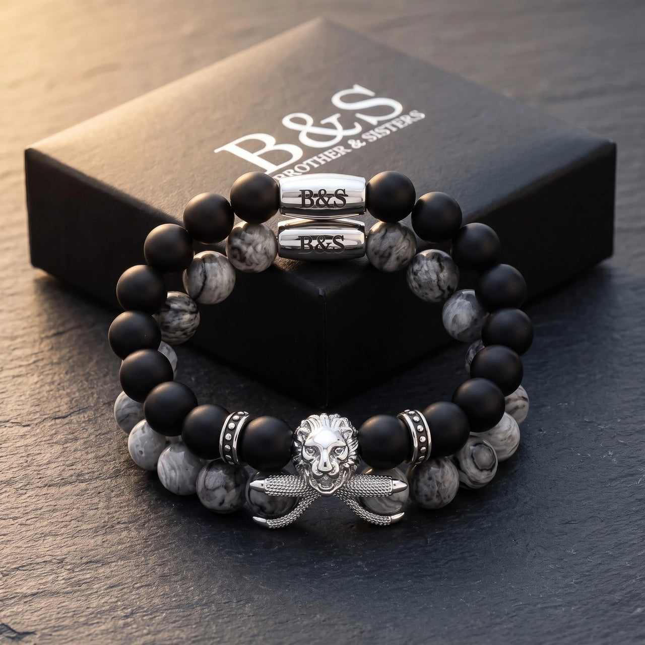 White Gold Lion with Black & Grey Stones Set – in its Brother & Sisters gift box | Brother & Sisters | SKU: 21369621-silver-XS-14-15, 21369621-silver-S-16-17, 21369621-silver-M-18-19, 21369621-silver-L-20-21, 21369621-silver-XL-22-23