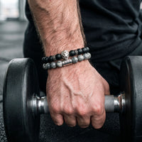Thumbnail for White Gold Lion with Black & Grey Stones Set – gripping a dumbbell | Brother & Sisters | SKU: 21369621-silver-XS-14-15, 21369621-silver-S-16-17, 21369621-silver-M-18-19, 21369621-silver-L-20-21, 21369621-silver-XL-22-23