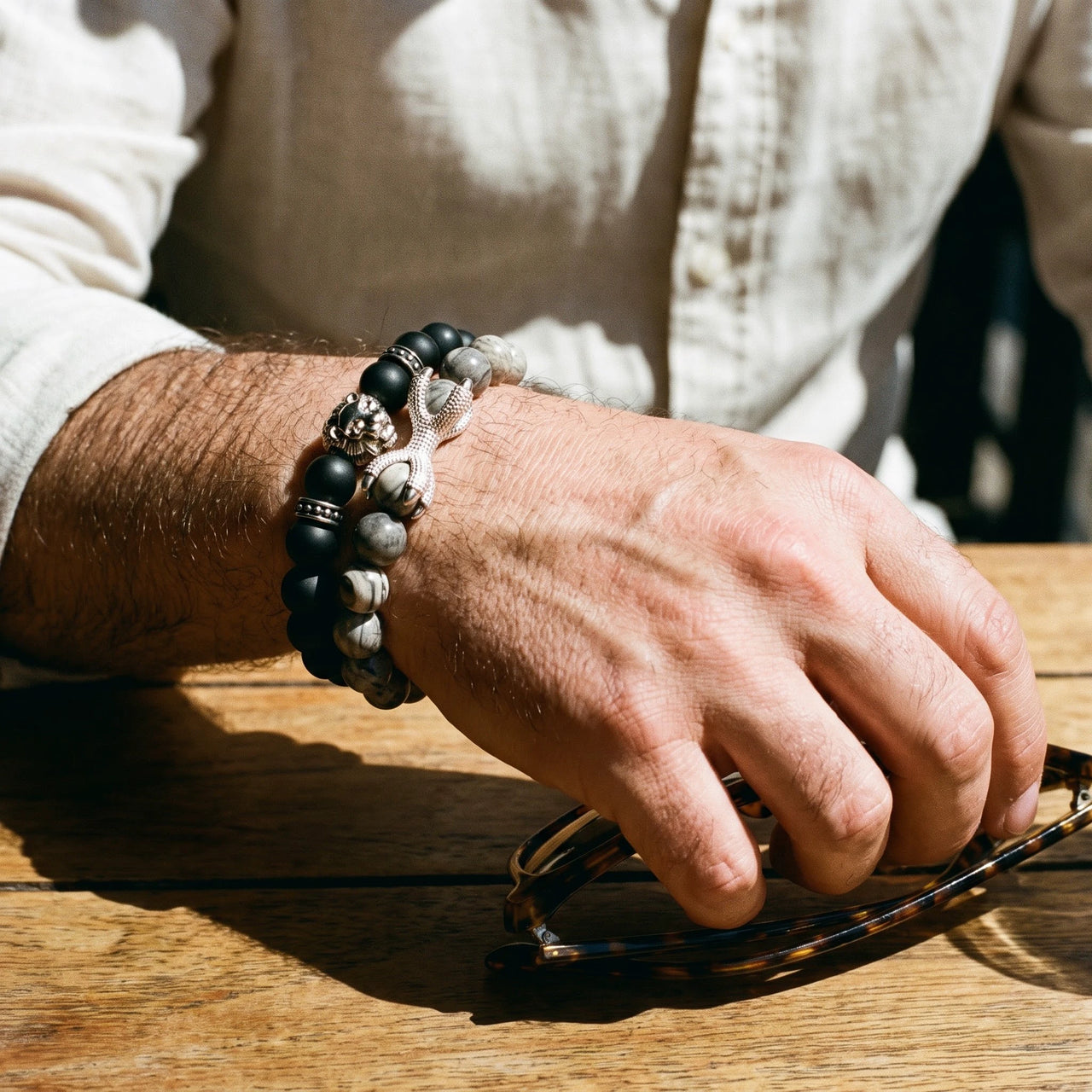 White Gold Lion with Black & Grey Stones Set – picking up sunglasses | Brother & Sisters | SKU: 21369621-silver-XS-14-15, 21369621-silver-S-16-17, 21369621-silver-M-18-19, 21369621-silver-L-20-21, 21369621-silver-XL-22-23