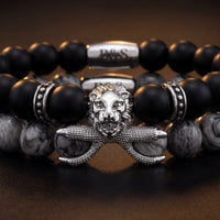 Thumbnail for White Gold Lion with Black & Grey Stones Set – macro close-up | Brother & Sisters | SKU: 21369621-silver-XS-14-15, 21369621-silver-S-16-17, 21369621-silver-M-18-19, 21369621-silver-L-20-21, 21369621-silver-XL-22-23